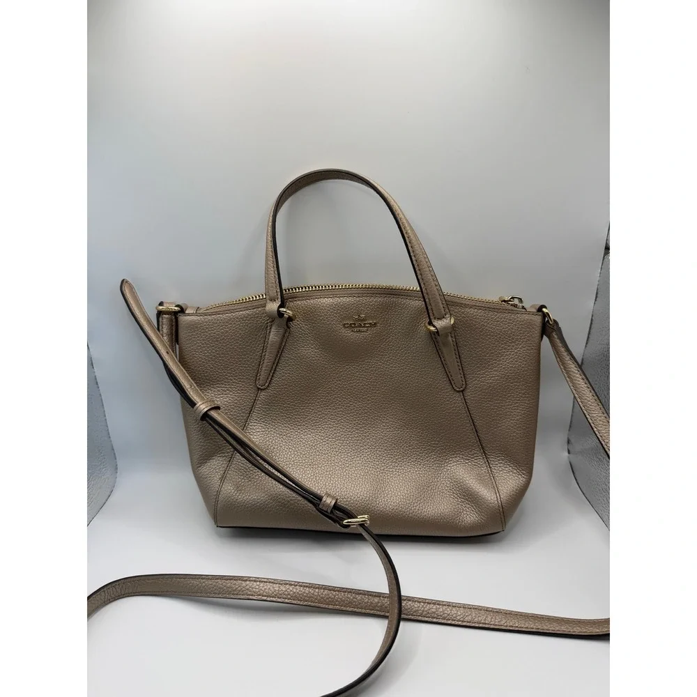 Coach Kelsey Metallic Taupe Pebble Leather Satchel Crossbody Bag F22316